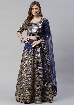 Blue Zari Sequin Embroidered Raw Silk Lehenga Set