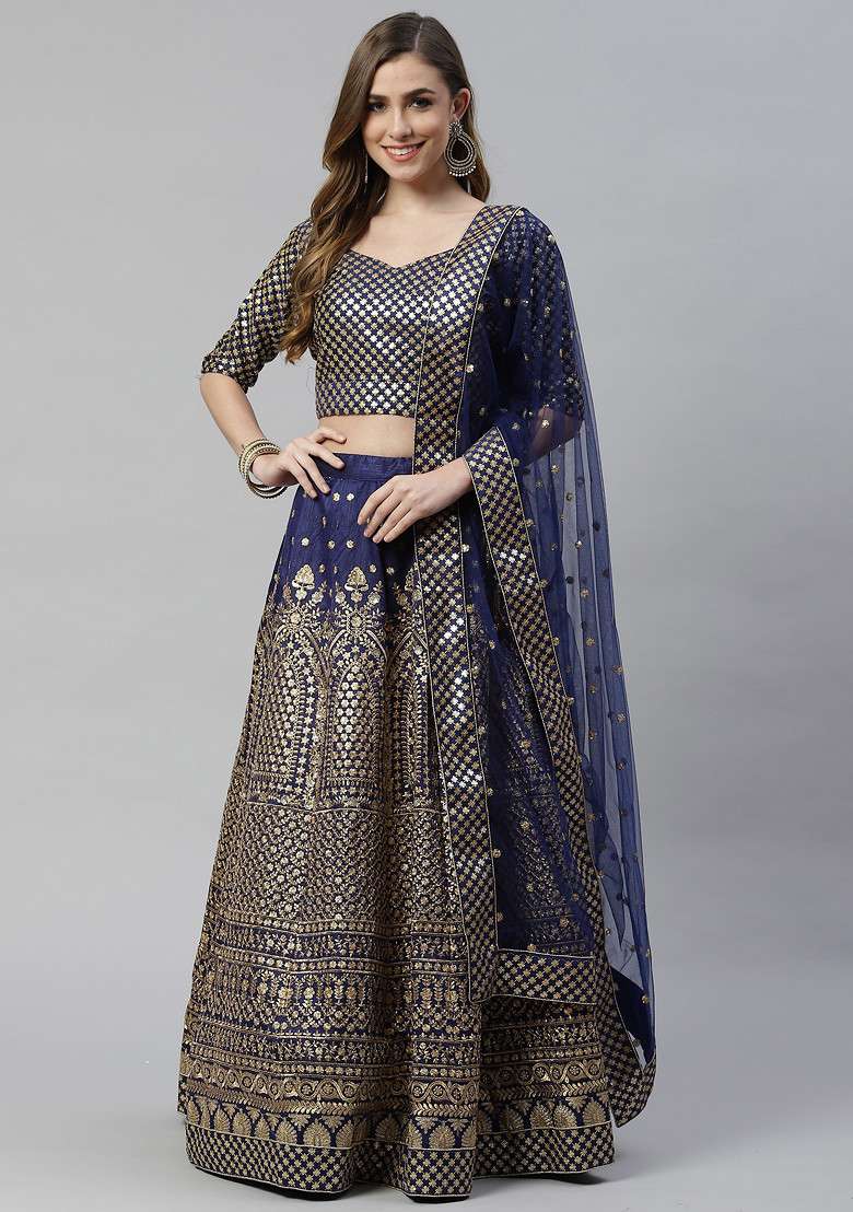 Blue Zari Blend Raw Silk Lehenga Set with Embroidered & Sequin for Diwali | Wedding & Festive Wear - Indya