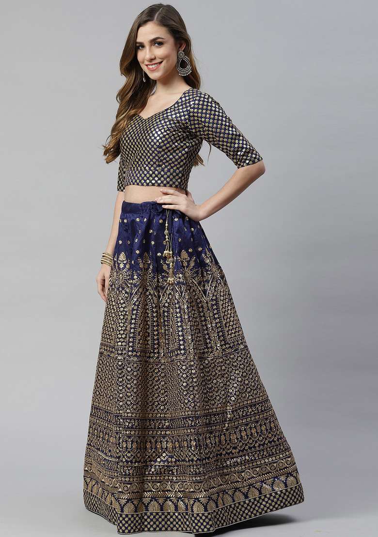 Blue Zari Blend Raw Silk Lehenga Set with Embroidered & Sequin for Diwali | Wedding & Festive Wear - Indya
