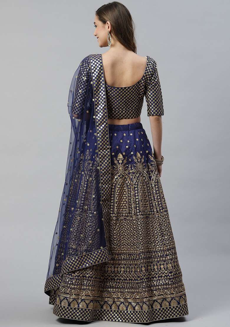 Blue Zari Blend Raw Silk Lehenga Set with Embroidered & Sequin for Diwali | Wedding & Festive Wear - Indya