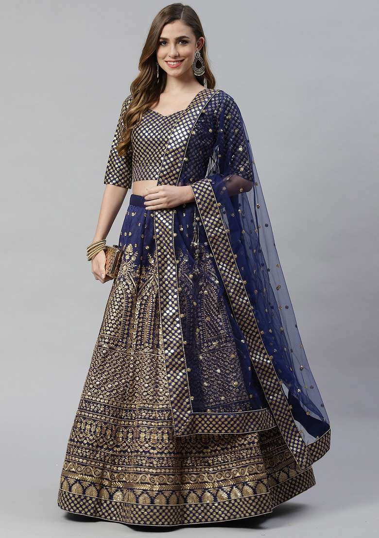 Blue Zari Blend Raw Silk Lehenga Set with Embroidered & Sequin for Diwali | Wedding & Festive Wear - Indya