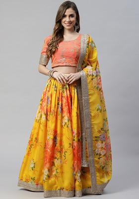 Yellow Digital Print Dori And Sequin Embroidered Organza Silk Lehenga Set