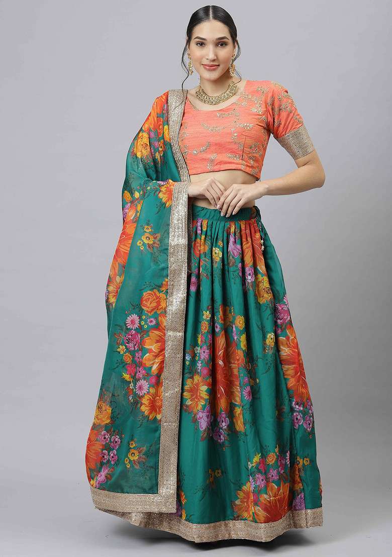 Sea Green Dori And Organza Silk Blend Lehenga Set with Digital Print & Embroidered for Diwali | Wedding & Festive Wear - Indya