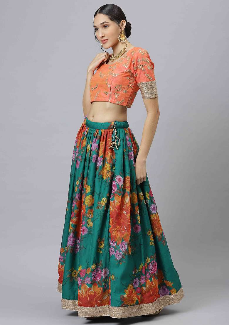 Sea Green Dori And Organza Silk Blend Lehenga Set with Digital Print & Embroidered for Diwali | Wedding & Festive Wear - Indya