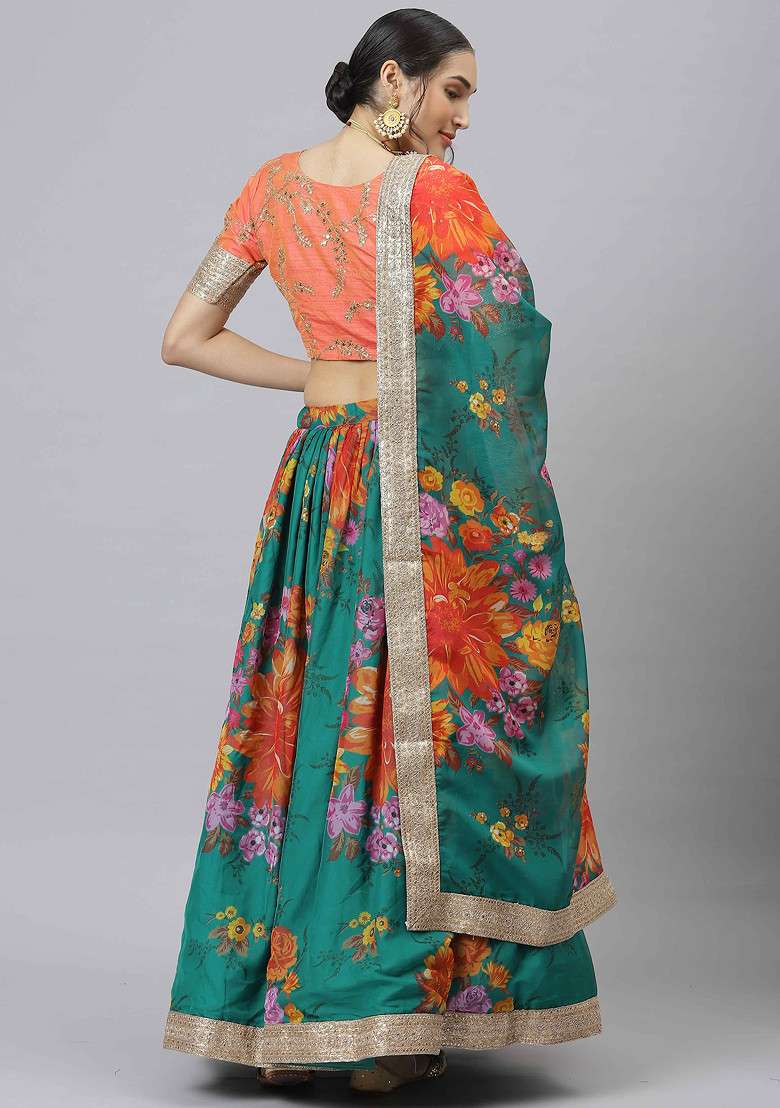 Sea Green Dori And Organza Silk Blend Lehenga Set with Digital Print & Embroidered for Diwali | Wedding & Festive Wear - Indya