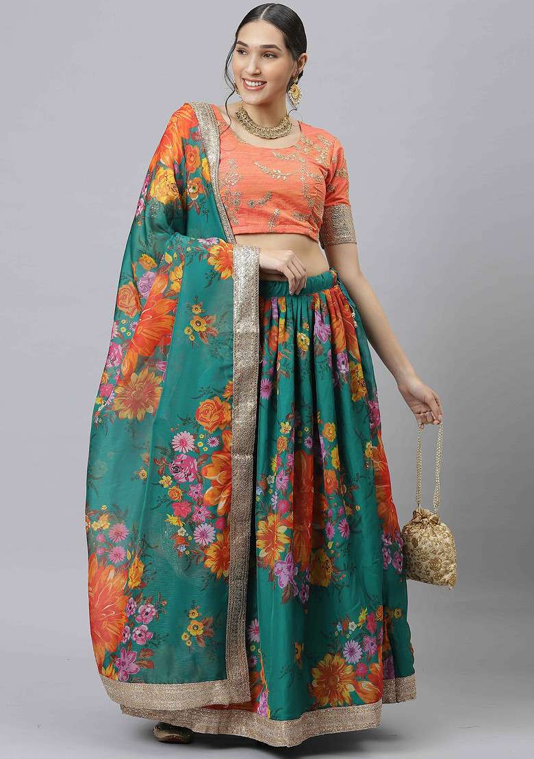 Sea Green Dori And Organza Silk Blend Lehenga Set with Digital Print & Embroidered for Diwali | Wedding & Festive Wear - Indya