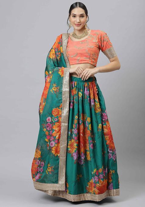 Sea Green Digital Print Dori And Sequin Embroidered Organza Silk Lehenga Set