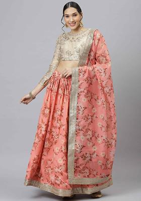 Orange Digital Print Dori And Sequin Embroidered Organza Silk Lehenga Set