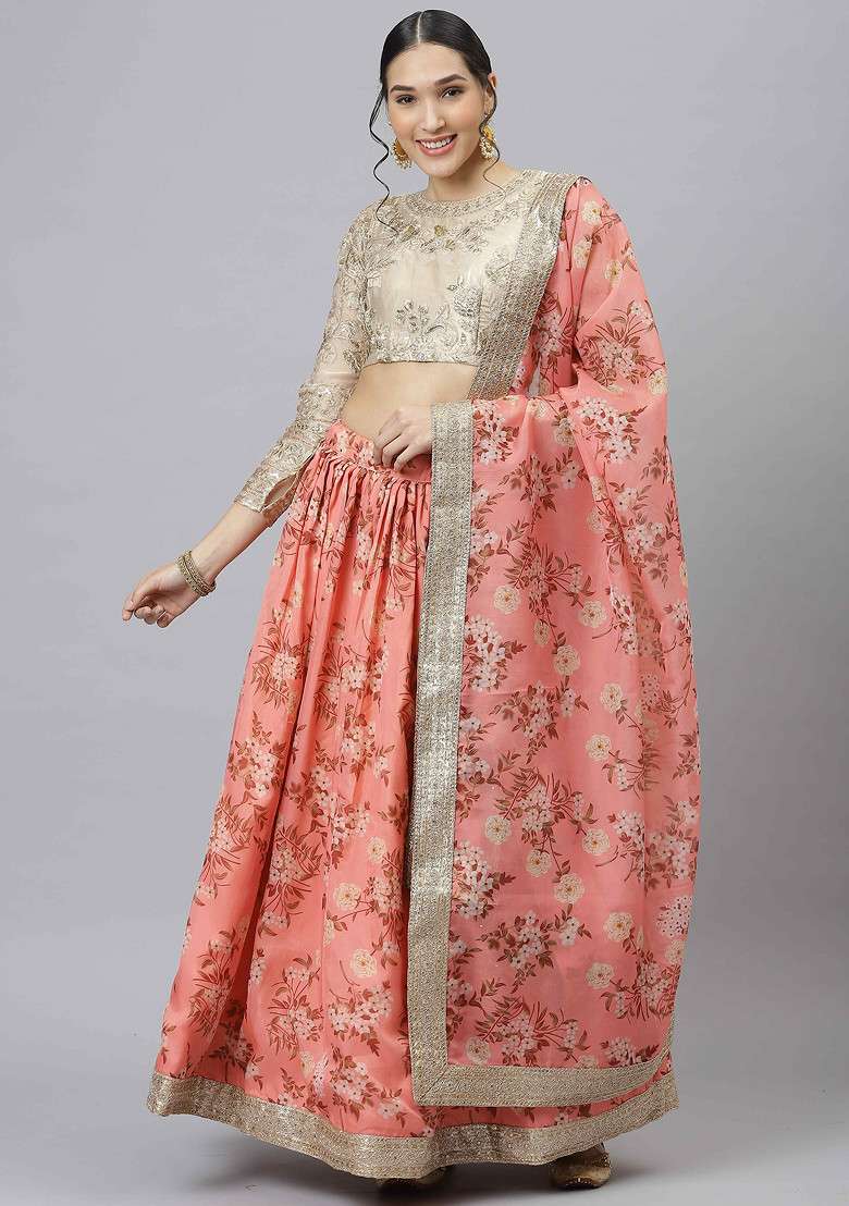 Orange Digital Print Dori And Sequin Embroidered Organza Silk Blend Lehenga Set for Diwali and Festive Wear - Indya