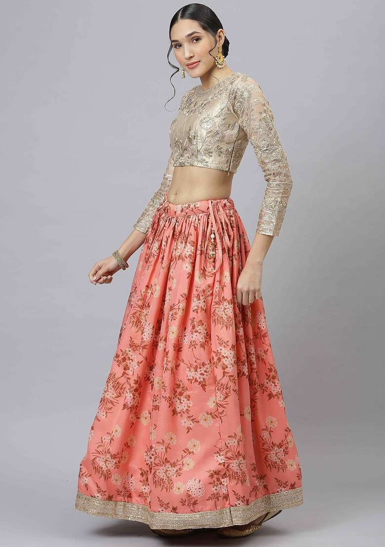 Orange Digital Print Dori And Sequin Embroidered Organza Silk Blend Lehenga Set for Diwali and Festive Wear - Indya