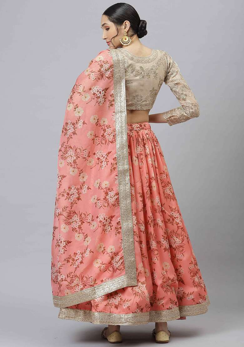 Orange Digital Print Dori And Sequin Embroidered Organza Silk Blend Lehenga Set for Diwali and Festive Wear - Indya