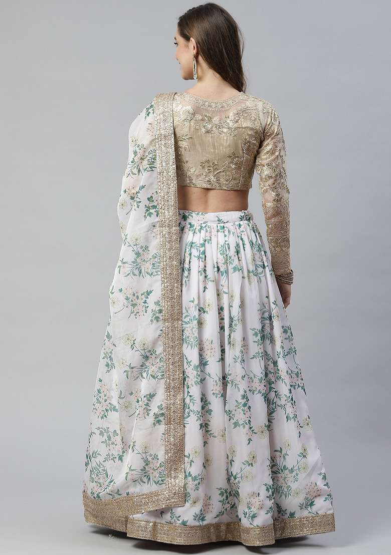 Off White Dori And Organza Silk Blend Lehenga Set with Digital Print & Embroidered for Diwali | Wedding & Festive Wear - Indya