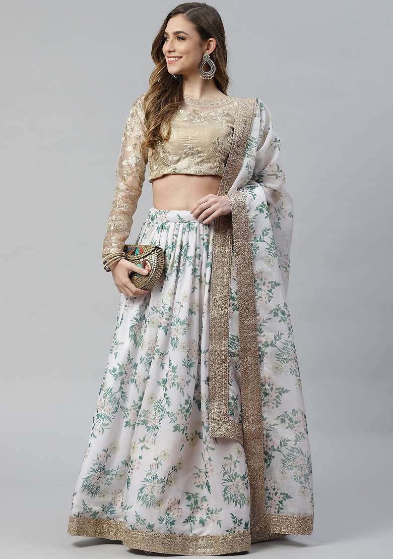 Off White Dori And Organza Silk Blend Lehenga Set with Digital Print & Embroidered for Diwali | Wedding & Festive Wear - Indya