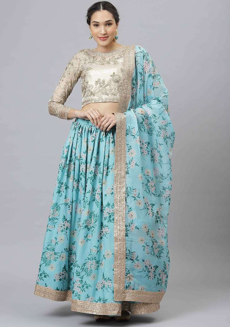 Sky Blue Dori And Organza Silk Blend Lehenga Set with Digital Print & Embroidered for Diwali | Wedding & Festive Wear - Indya
