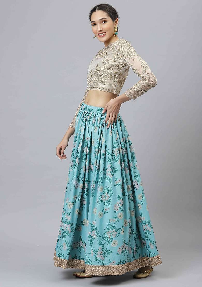 Sky Blue Dori And Organza Silk Blend Lehenga Set with Digital Print & Embroidered for Diwali | Wedding & Festive Wear - Indya