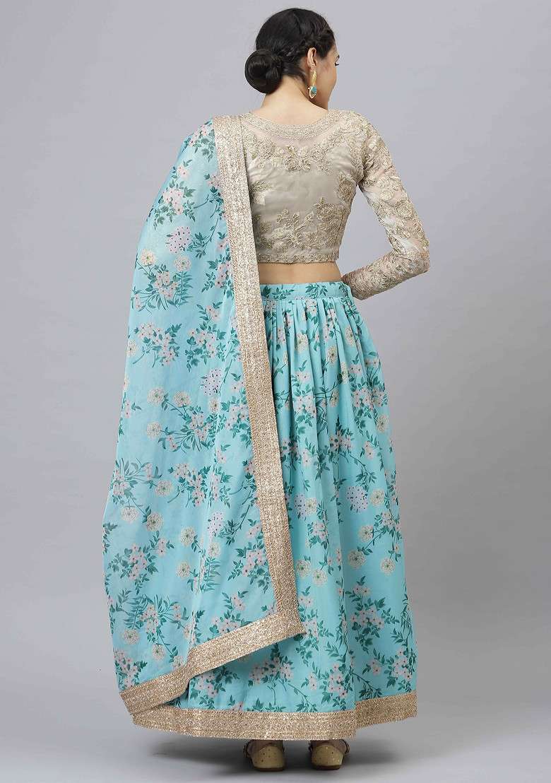 Sky Blue Dori And Organza Silk Blend Lehenga Set with Digital Print & Embroidered for Diwali | Wedding & Festive Wear - Indya