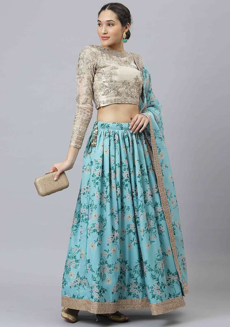 Sky Blue Dori And Organza Silk Blend Lehenga Set with Digital Print & Embroidered for Diwali | Wedding & Festive Wear - Indya