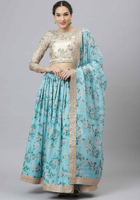 Sky Blue Digital Print Dori And Sequin Embroidered Organza Silk Lehenga Set