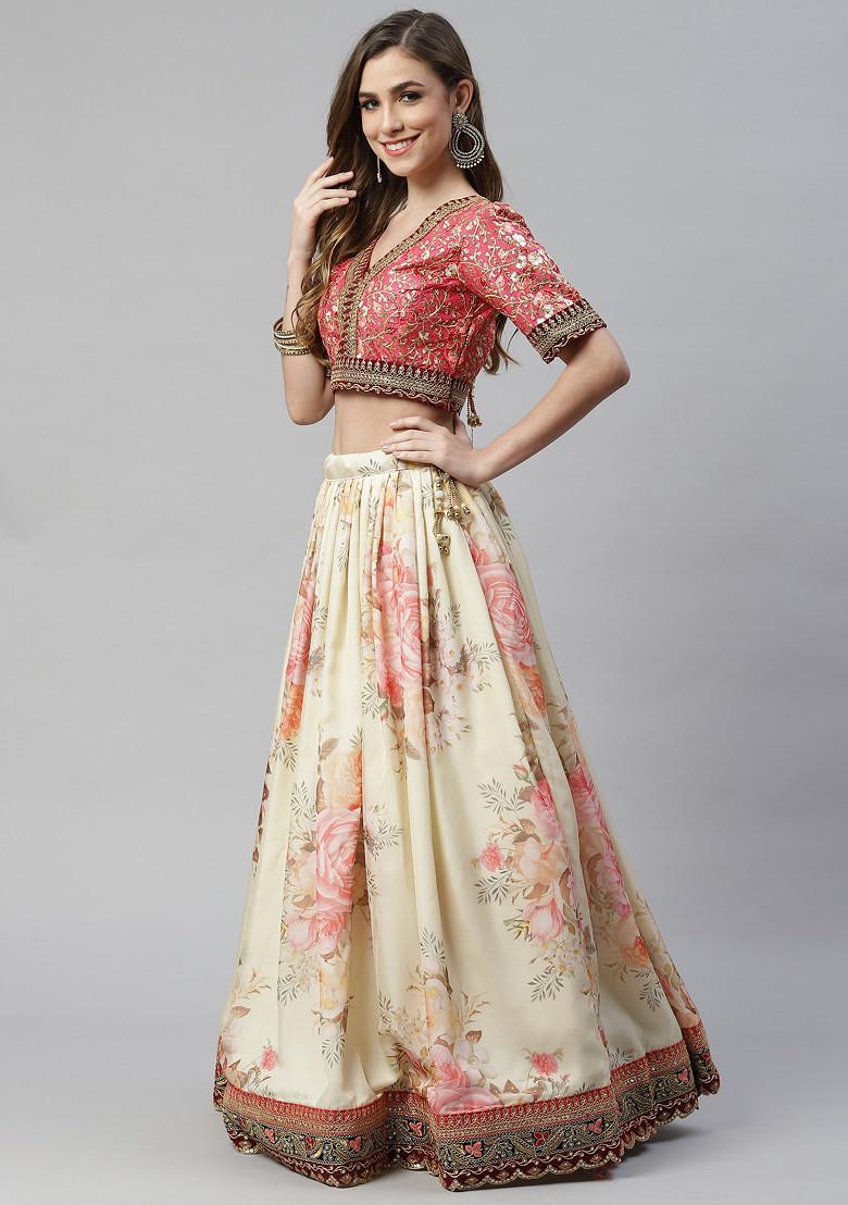 Cream Digital Print Dori And Sequin Embroidered Organza Silk Lehenga Set - Indya
