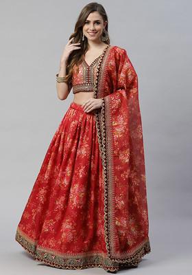 Red Digital Print Dori And Sequin Embroidered Organza Silk Lehenga Set