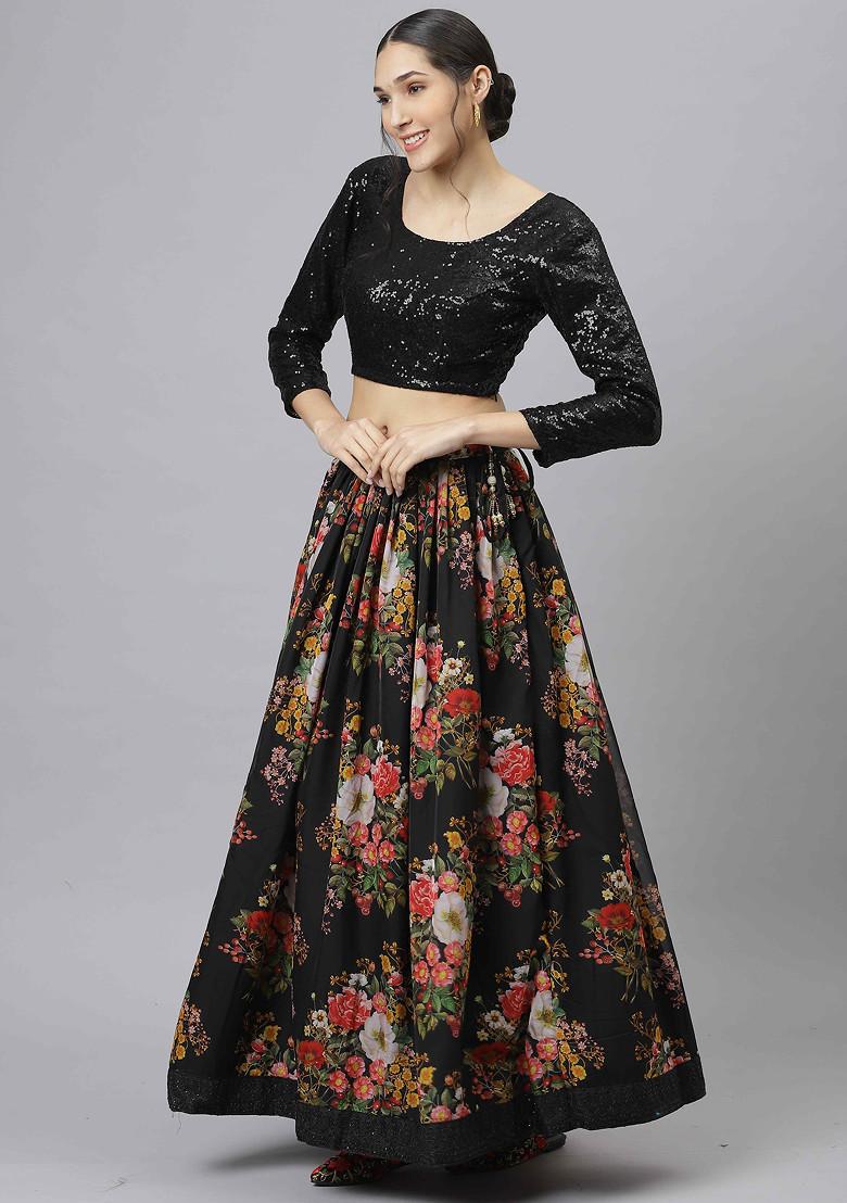 Black Digital Print Dori And Sequin Embroidered Organza Silk Lehenga Set - Indya