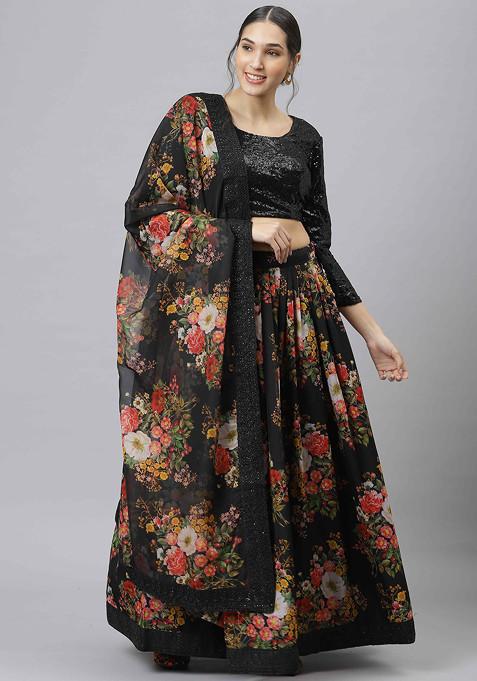 Black Digital Print Dori And Sequin Embroidered Organza Silk Lehenga Set