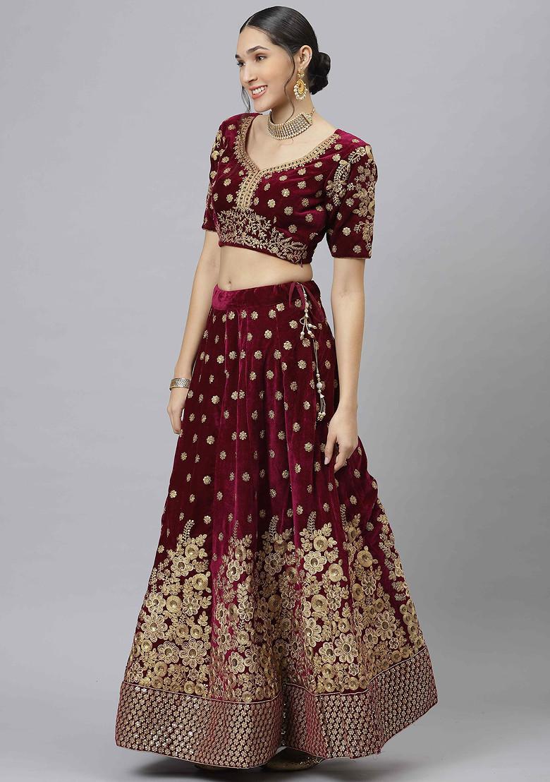Purple Zari Sequin Embroidered Velvet Lehenga Set - Indya