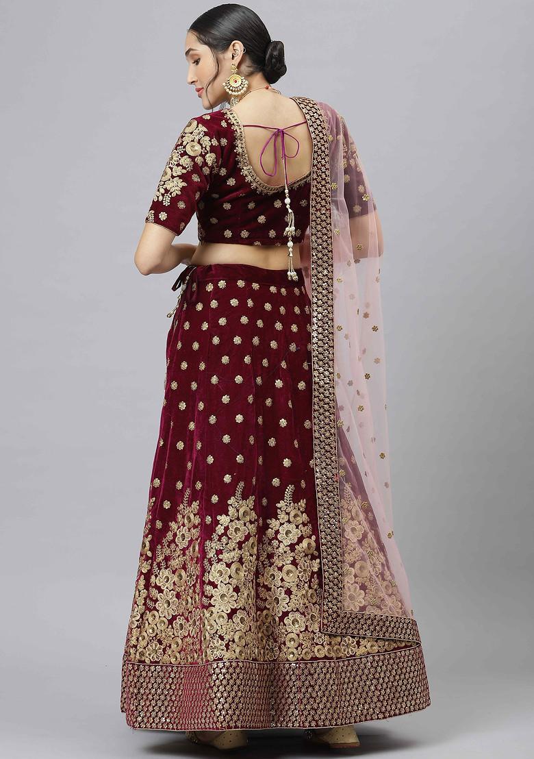 Purple Zari Sequin Embroidered Velvet Lehenga Set - Indya
