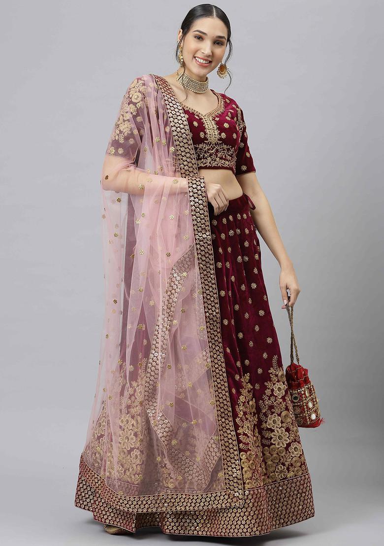 Purple Zari Sequin Embroidered Velvet Lehenga Set - Indya