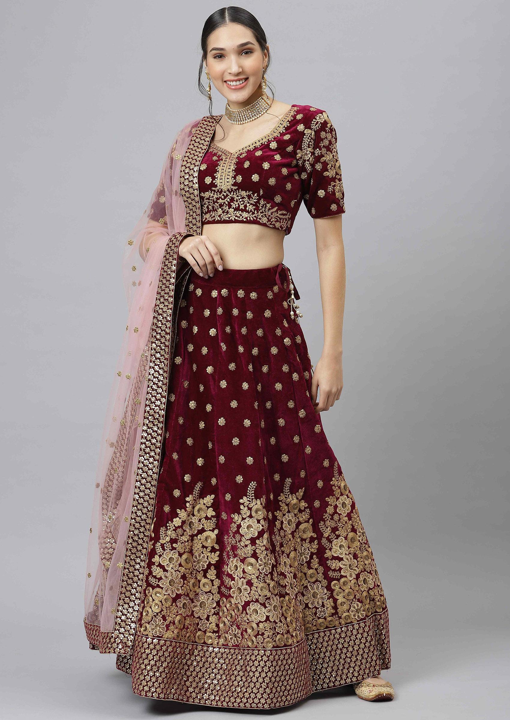 Purple Zari Sequin Embroidered Velvet Lehenga Set - Indya