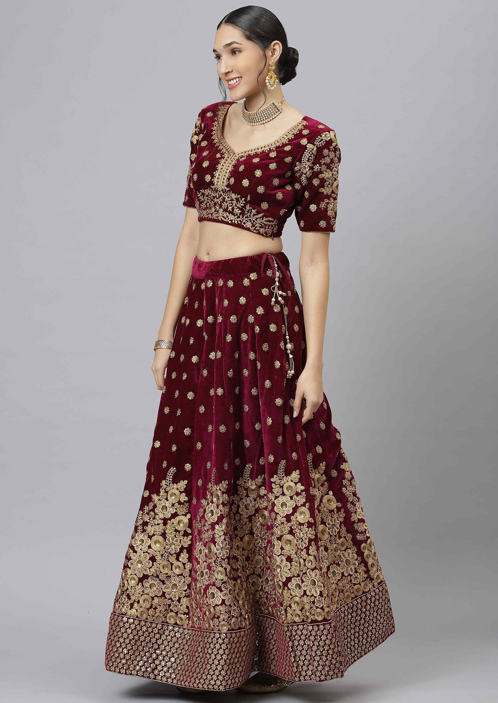 Purple Zari Sequin Embroidered Velvet Lehenga Set - Indya