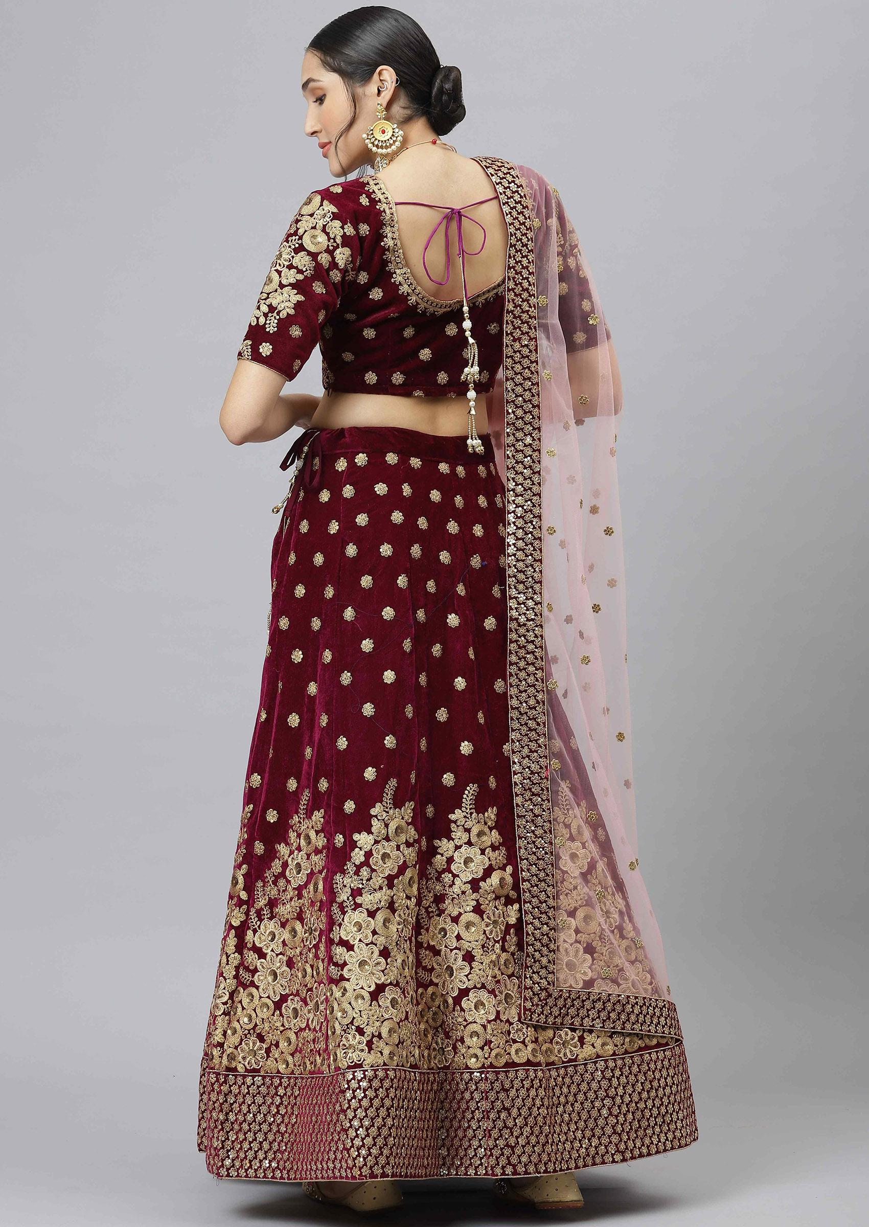 Purple Zari Sequin Embroidered Velvet Lehenga Set - Indya
