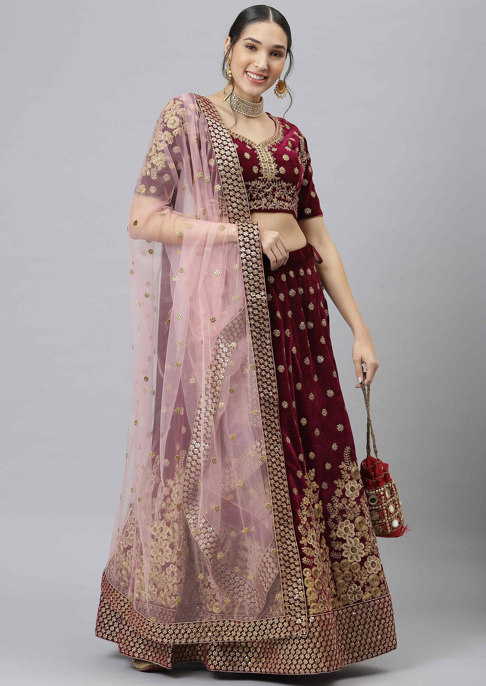 Purple Zari Sequin Embroidered Velvet Lehenga Set - Indya
