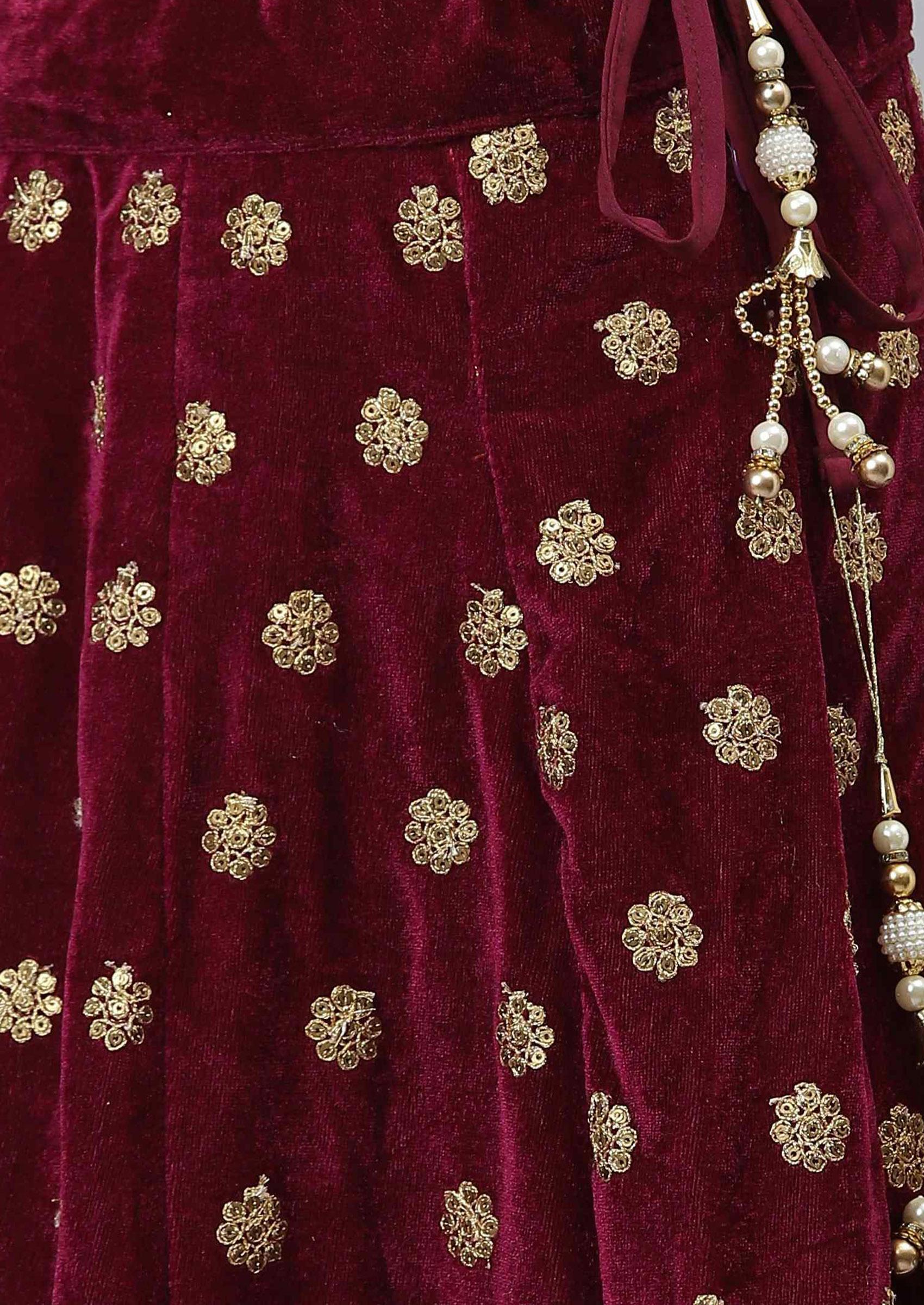 Purple Zari Sequin Embroidered Velvet Lehenga Set - Indya