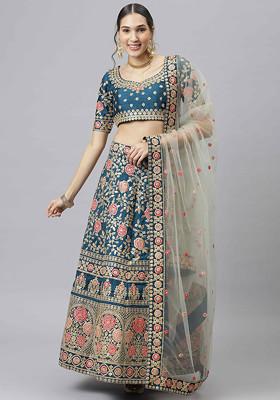 Blue Zari Sequin Embroidered Slub Silk Lehenga Set