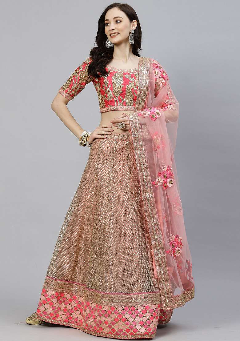 Pink Zari Soft Net Lehenga Set with Embroidered & Sequin for Diwali | Wedding & Festive Wear - Indya