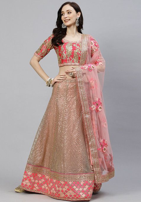 Pink Zari Sequin Embroidered Soft Net Lehenga Set