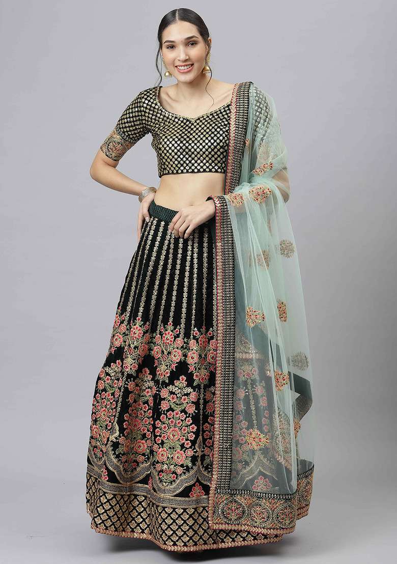 Green Zari Sequin Embroidered Velvet Lehenga Set - Indya