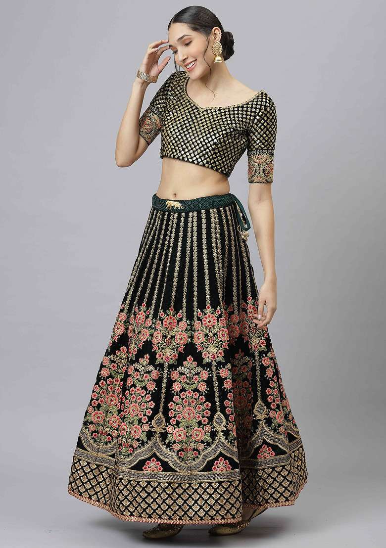 Green Zari Sequin Embroidered Velvet Lehenga Set - Indya