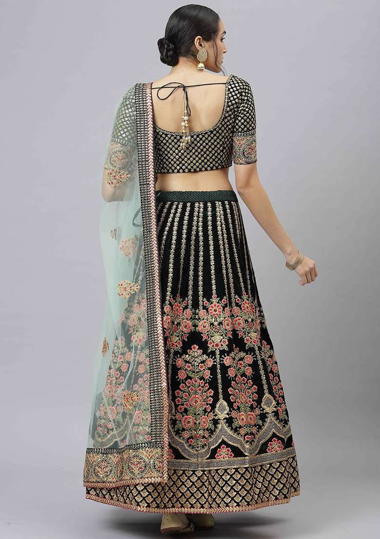 Green Zari Sequin Embroidered Velvet Lehenga Set - Indya