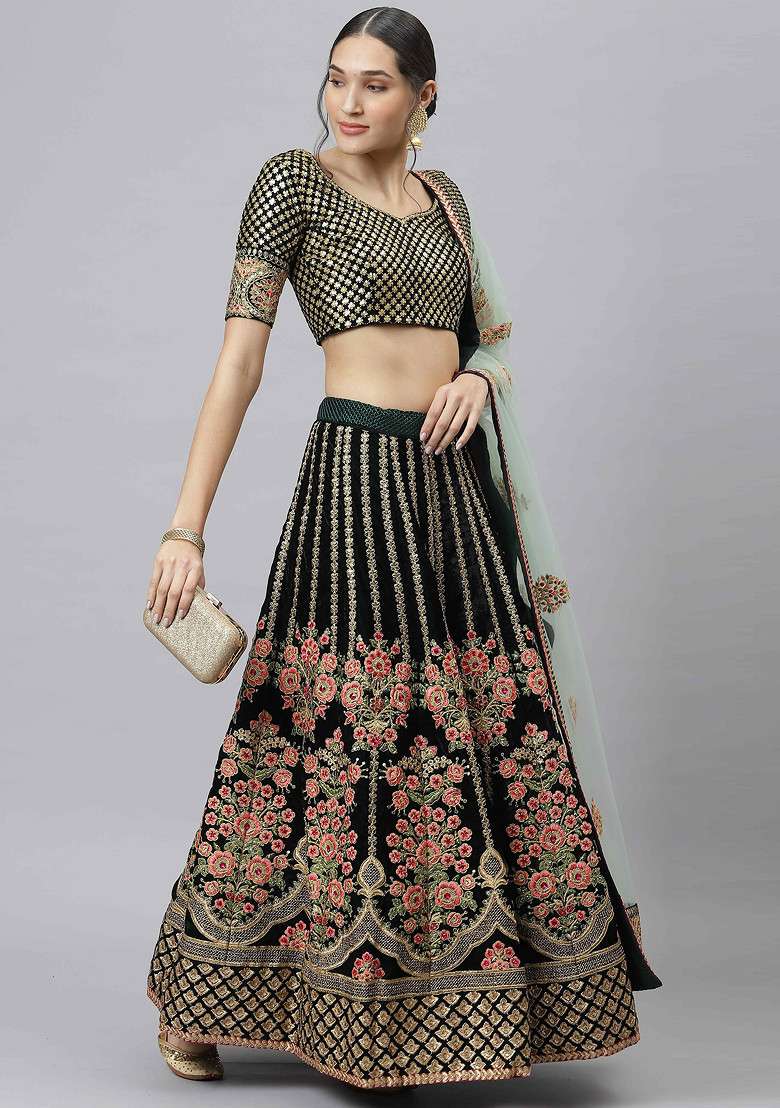Green Zari Sequin Embroidered Velvet Lehenga Set - Indya