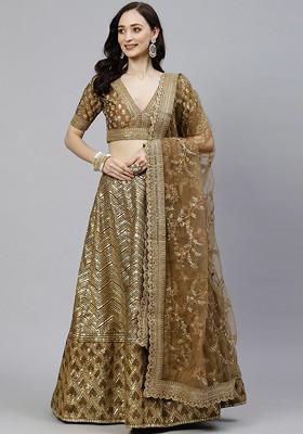 Brown Zari Sequin Embroidered Slub Silk Lehenga Set