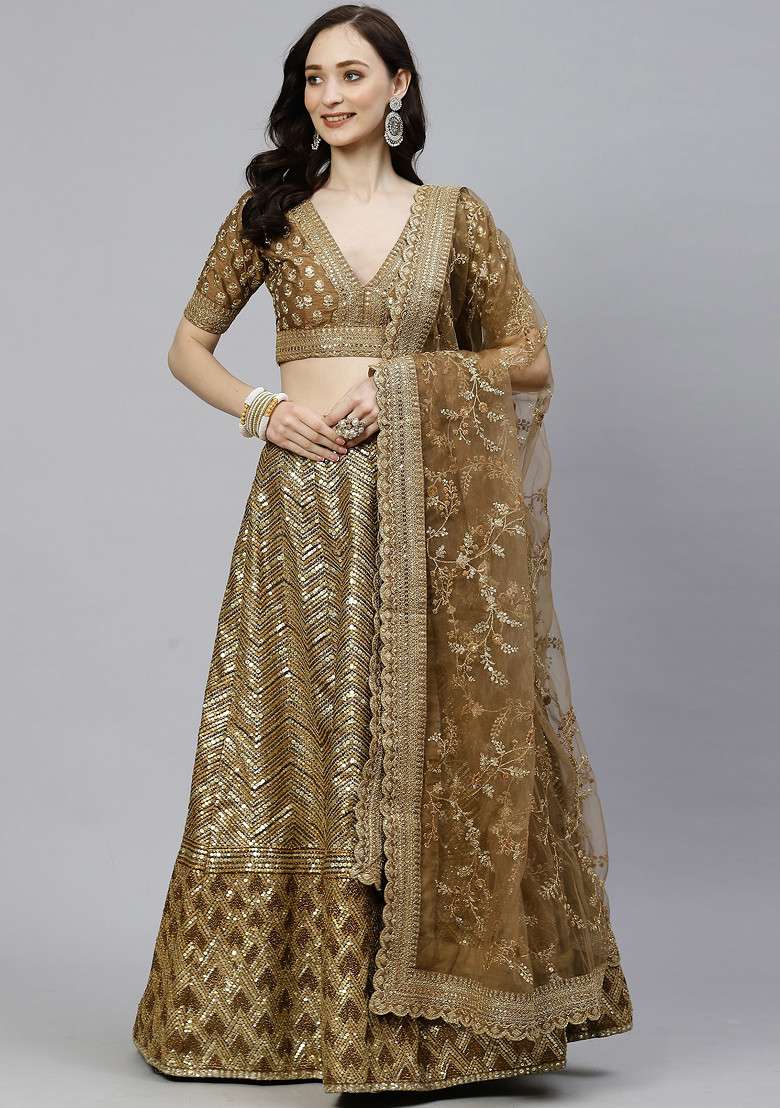 Brown Zari Sequin Embroidered Slub Silk Blend Lehenga Set - Indya
