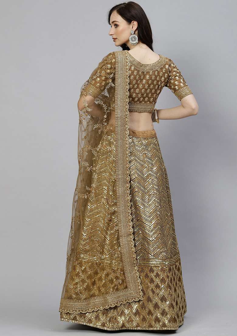 Brown Zari Sequin Embroidered Slub Silk Blend Lehenga Set - Indya