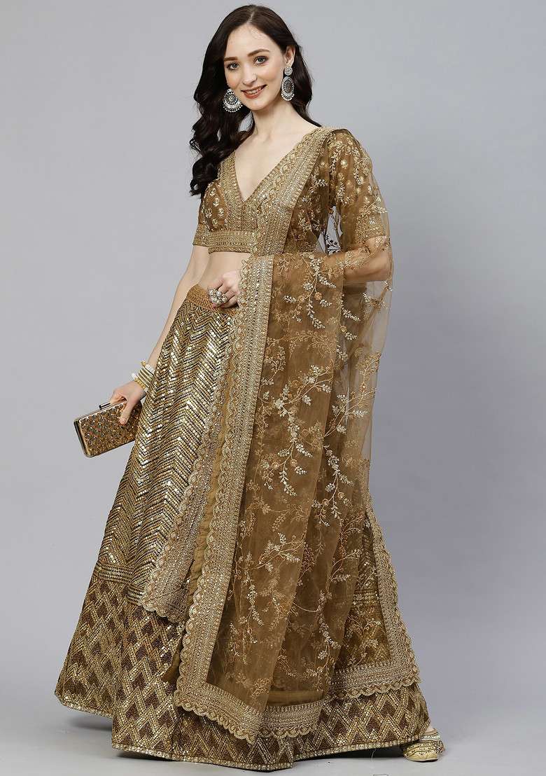 Brown Zari Sequin Embroidered Slub Silk Blend Lehenga Set - Indya