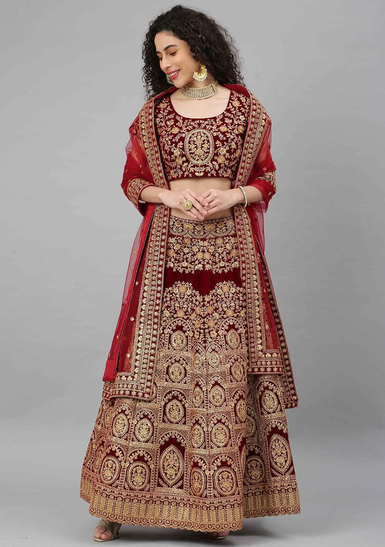 Red Zari Sequin Embroidered Velvet Lehenga Set - Indya