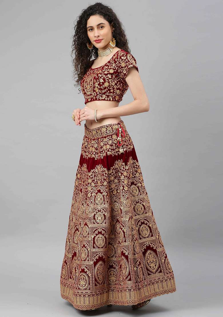 Red Zari Sequin Embroidered Velvet Lehenga Set - Indya