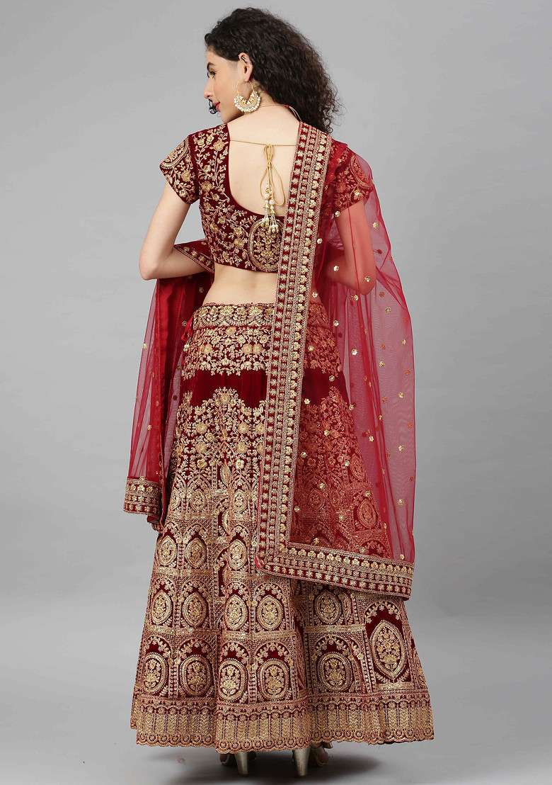 Red Zari Sequin Embroidered Velvet Lehenga Set - Indya