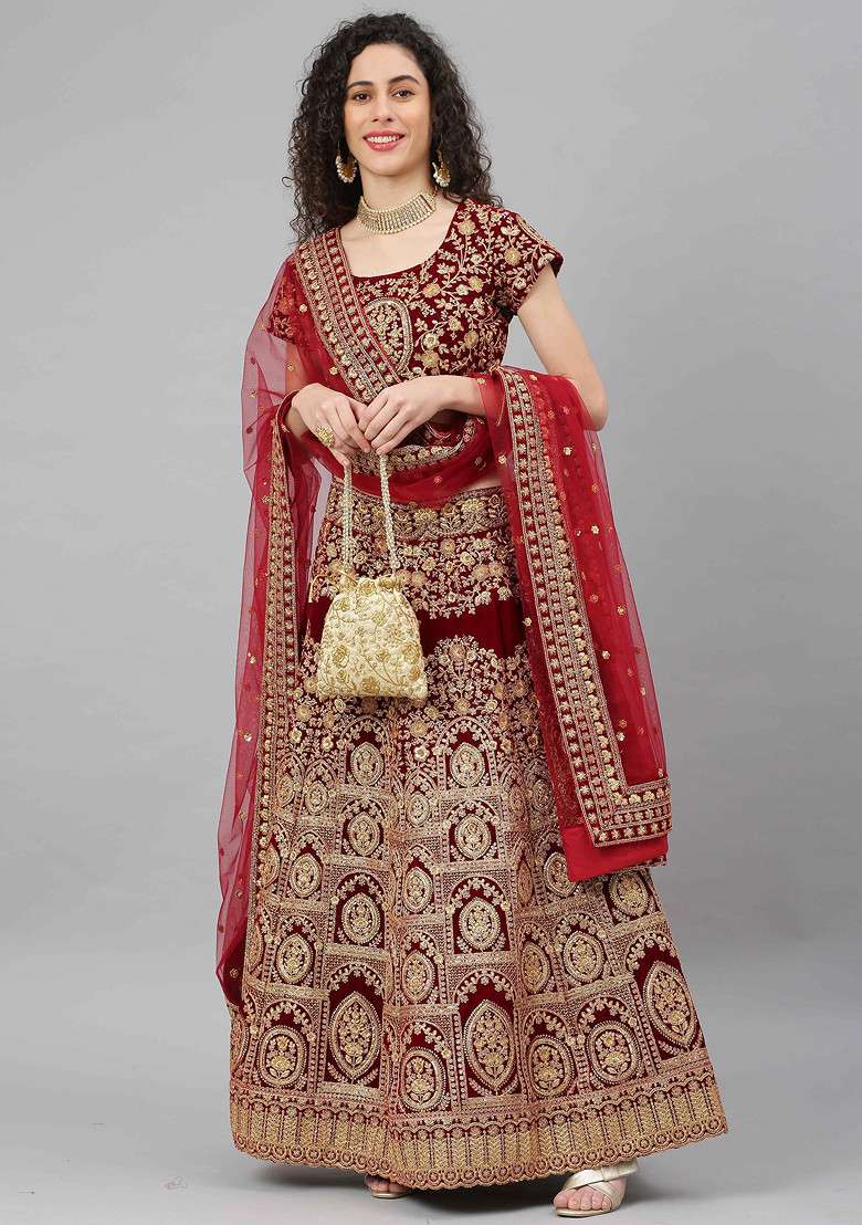 Red Zari Sequin Embroidered Velvet Lehenga Set - Indya