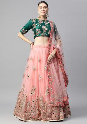 Pink Thread Sequin Embroidered Soft Net Lehenga Set